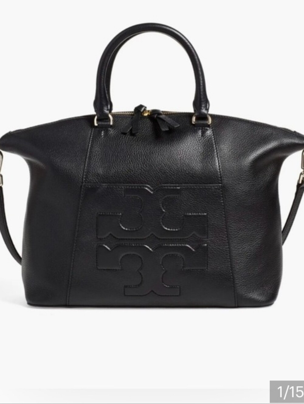 Like New Tory Burch McGraw Black Pebbled Leather Top Zip Satchel/Shoulder Bag
